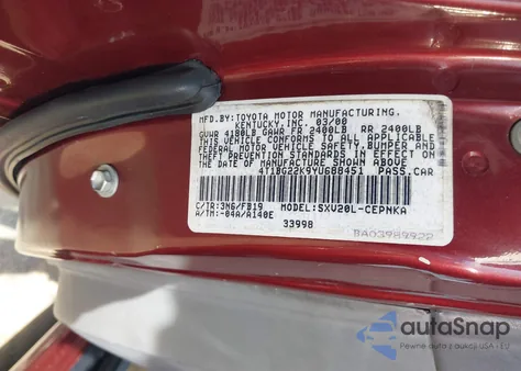 2000 Toyota Camry Le z USA, uszkodzony, nr VIN 4T1BG22K9YU688451